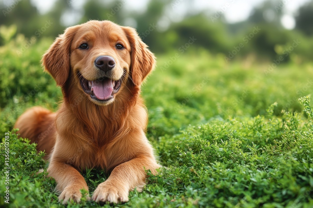 Golden retriever relaxing on green grass in a sunny outdoor setting Golden retriever relaxing on green grass in a sunny outdoor setting