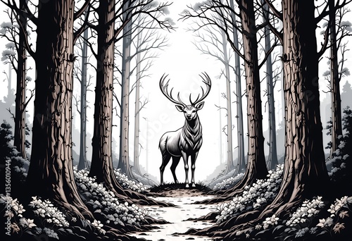 Deer Standing in Forest with White Flowers and Tall Trees