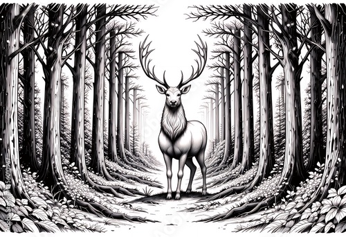 Majestic Stag Standing Tall in a Dense Monochrome Forest Scene