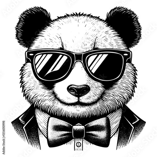 Panda wear sunglasses engraving black and white outline. Scratch board imitation.  illustrated in vintage line art style on a white background.
