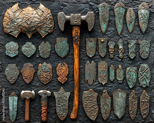 Assorted ancient weapon and shield collection arranged on a dark surface