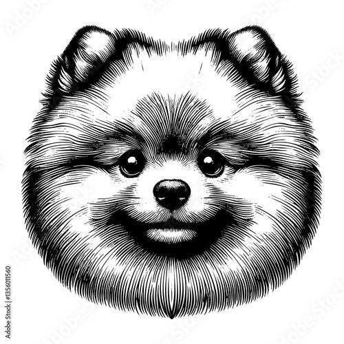 Pomeranian dog portrait sketch engraving black and white outline. Scratch board imitation.
