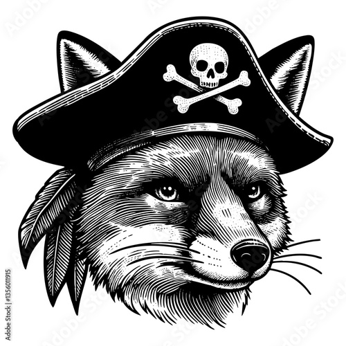 Fox wear Pirate hat sketch engraving black and white outline. Scratch board imitation.  illustrated in vintage line art style on a white background.
