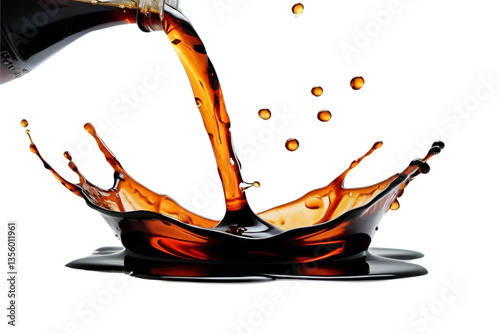 dark brown liquid pouring, splash, white background, isolated, no background
