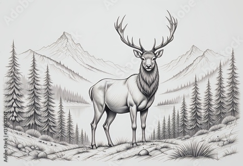 Sketch of Majestic Deer with Antlers in Forest Mountain Landscape