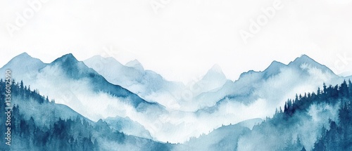 Serene Watercolor Landscape of Misty Mountains in Blue Tones