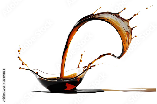 dark brown liquid pouring, dynamic splash, white background, isolated, no background