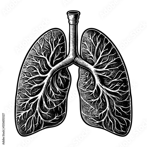 Lung anatomy sketch engraving black and white outline. Scratch board imitation.  illustrated in vintage line art style on a white background.
