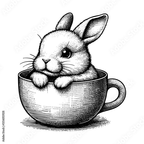 Rabbit in cup sketch engraving black and white outline. Scratch board imitation.  illustrated in vintage line art style on a white background.
