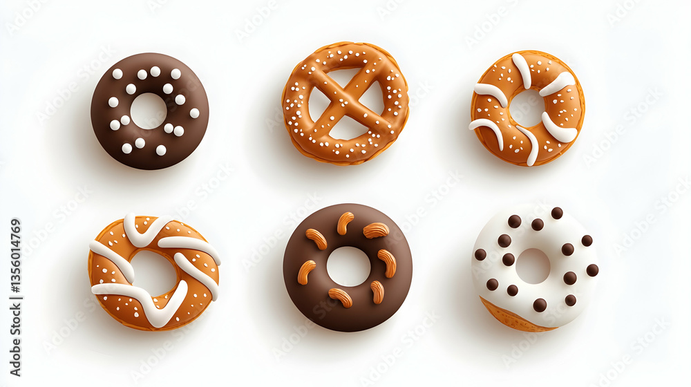 Fototapeta premium Assorted Sweet Donuts and Pretzels on White Background