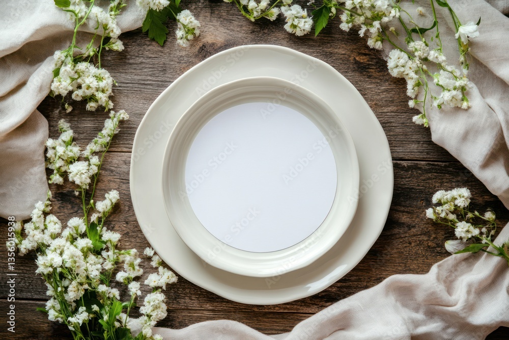 Elegant, simple table setting with white flowers and plates
