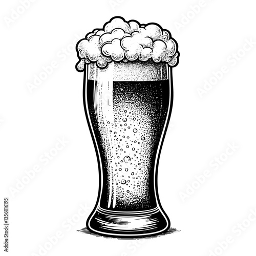 a glass of beer full of foam engraving black and white outline. Scratch board imitation.
