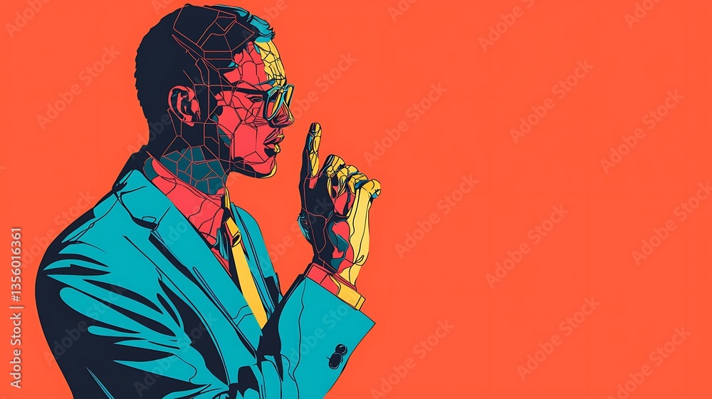 Fototapeta premium Businessman discussing AI applications, minimalist line art, vibrant fills