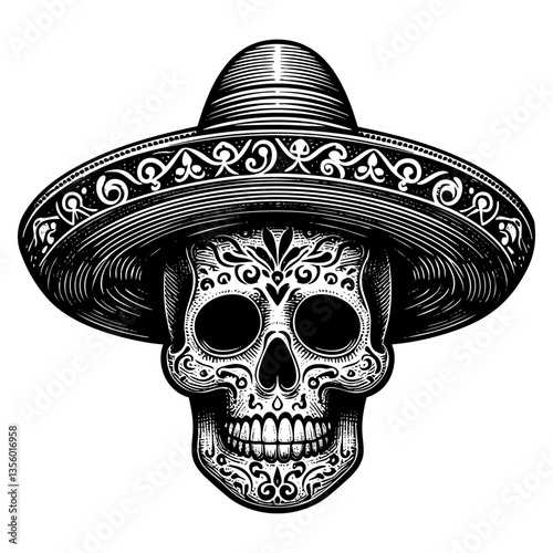 skull wear sombrero hat engraving black and white outline. Scratch board imitation.
