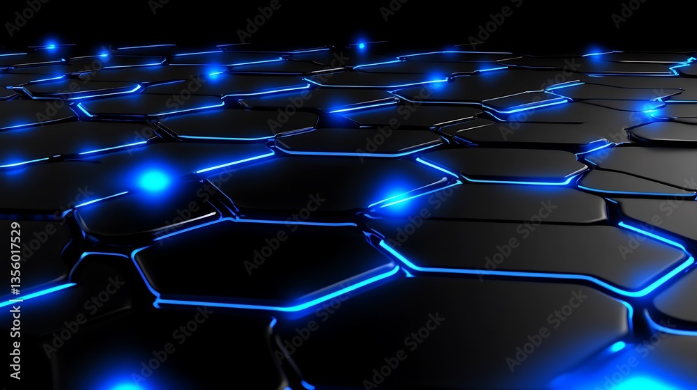 Fototapeta premium Abstract black hexagonal grid with blue neon lights.