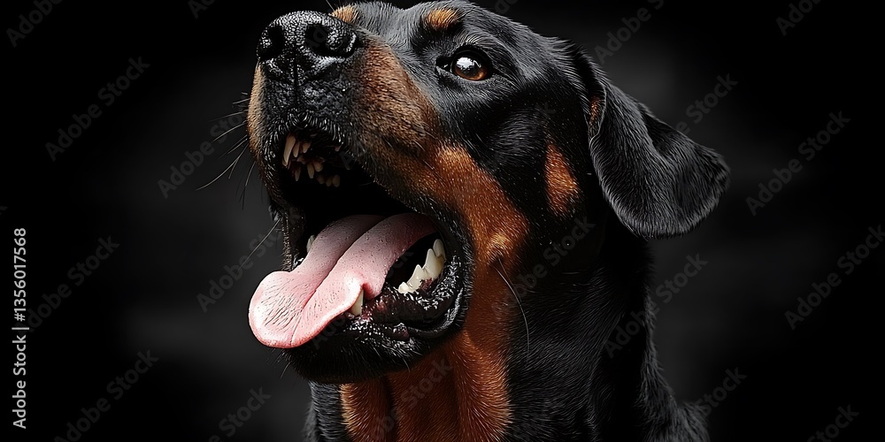 Obraz premium A handsome black and brown dog looks up with open mouth