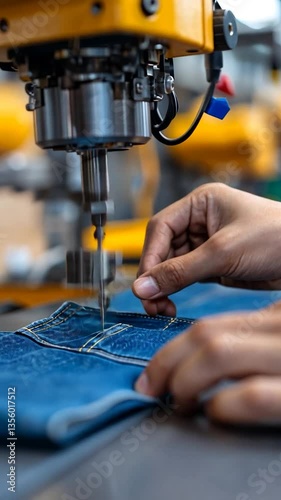 Worker sewing denim jeans on a sewing machine in a textile factory with machinery in the background