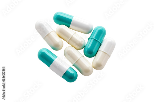 assorted capsules, teal white, white background, isolated, no background