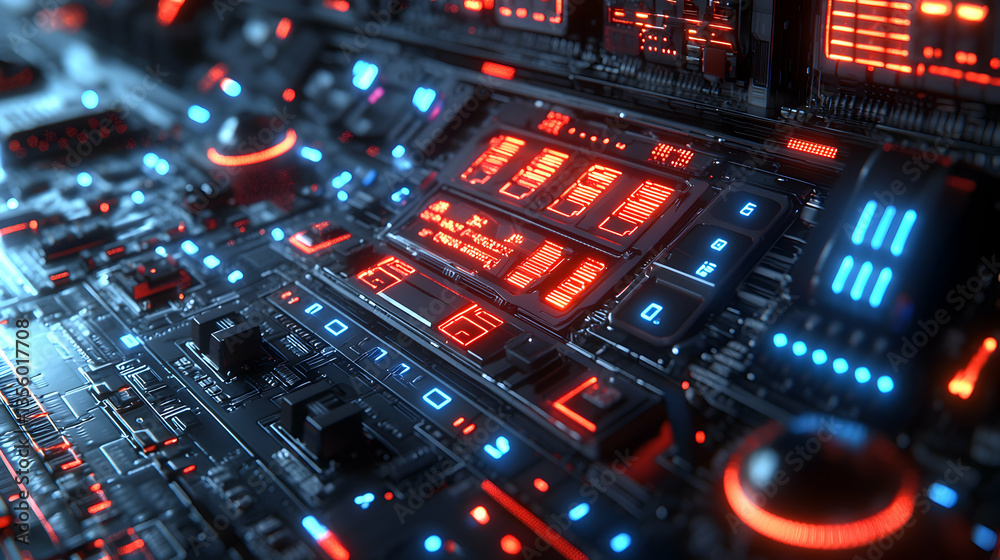 Futuristic circuit board with vibrant red and blue lighting. Ideal for tech design or concept art. Suggest as a wallpaper or game background. Futuristic circuit board with vibrant red and blue lighting. Ideal for tech design or concept art. Suggest as a wallpaper or game background.