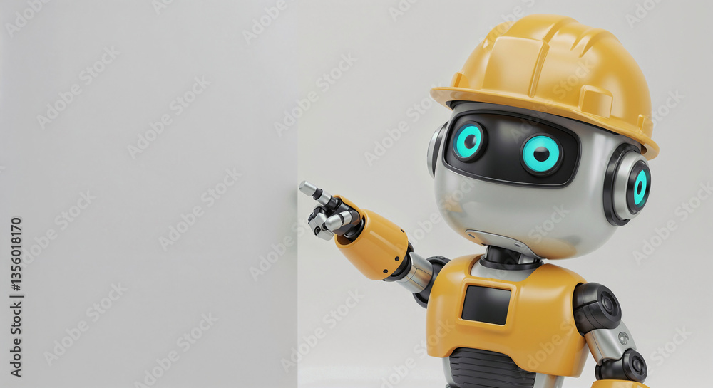 Positive cute robot builder pointing at a space. Generative AI Positive cute robot builder pointing at a space. Generative AI