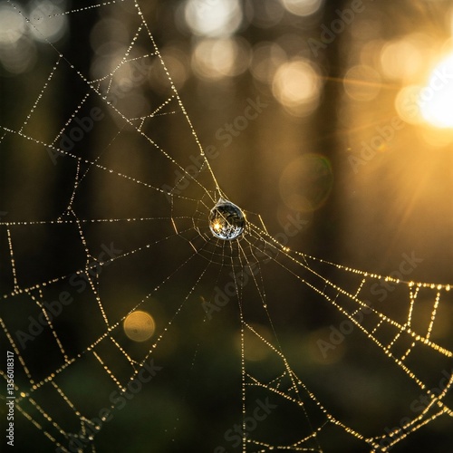 lone, glistening dewdrop delicately balanced on a gossamer spiderweb, suspended in the air like a miniature universe. Sunlight refracts through the droplet, splitting into mesmerizing rainbow hues. 