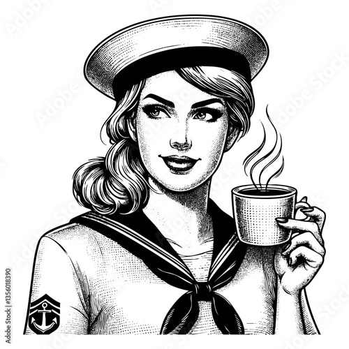 woman sailor holding cup of coffee  sketch engraving black and white outline. Scratch board imitation.