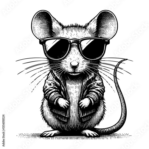 Mouse wear sunglasses engraving black and white outline. Scratch board imitation.  illustrated in vintage line art style on a white background.