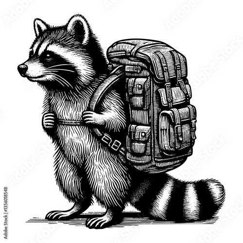 Raccoon carry hiking backpack sketch engraving black and white outline. Scratch board imitation.  illustrated in vintage line art style on a white background.