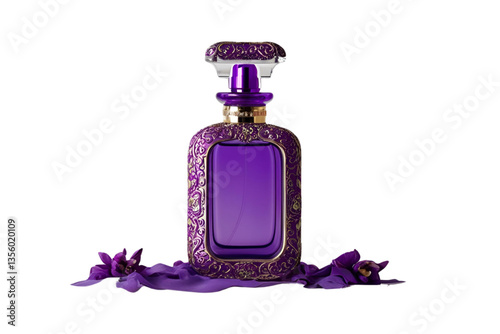 purple perfume bottle, square shape, gold detailing, white background, isolated, no background