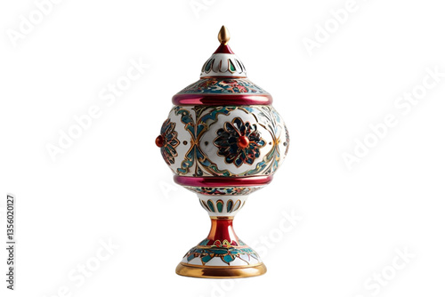 ornate decorative urn, colorful design, white background, isolated, no background