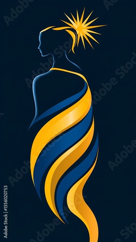A woman wears a dress of blue and yellow ribbons