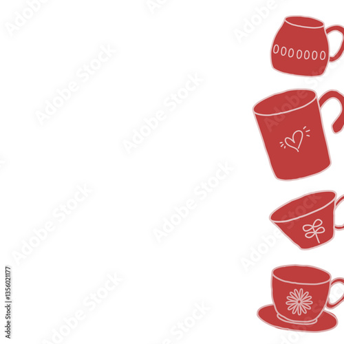 Tea and Coffee Cups Fram. Tea Party Doodle border Background.