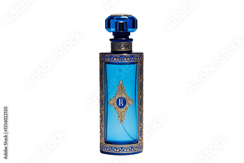 rectangular perfume bottle, blue glass, gold detailing, white background, isolated, no background