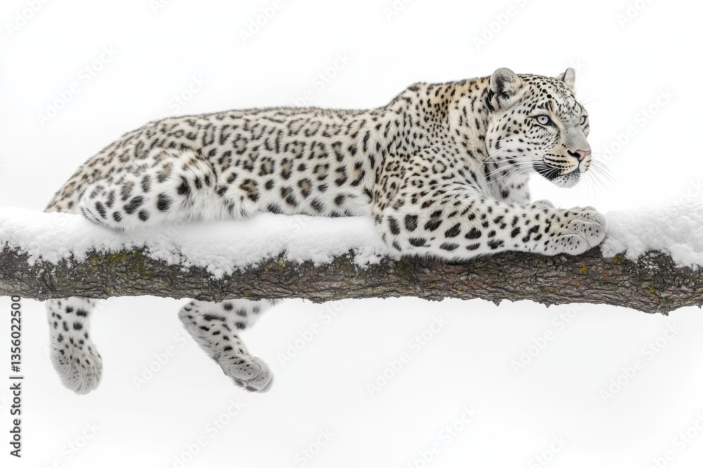 Obraz premium Snow leopards resting on a snow-covered branch in a serene winter landscape