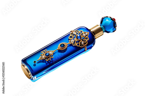 long narrow perfume bottle, blue glass, gold accents, white background, isolated, no background