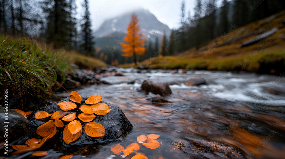 Obraz premium Autumn River Scene with Golden Leaves and Mountain Background