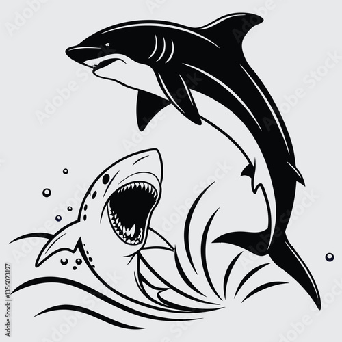 A  dolphin ramming a shark image silhouette design vector art and illustration