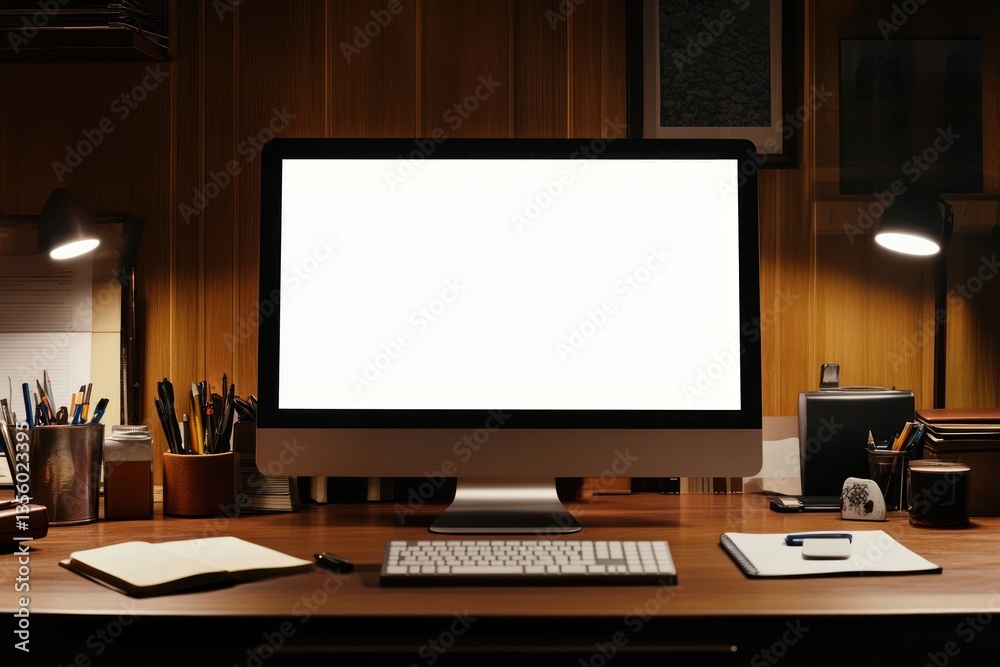 Home office workspace at night. Desk with computer monitor, lamps, and supplies Home office workspace at night. Desk with computer monitor, lamps, and supplies