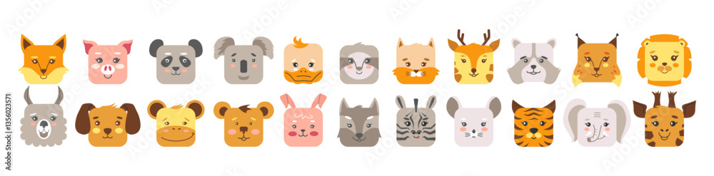 Square animal faces icon set. Flat clipart illustration mobile ui game application. Cute cartoon square shape kawaii kids avatar character collection on isolated background. Vector. Square animal faces icon set. Flat clipart illustration mobile ui game application. Cute cartoon square shape kawaii kids avatar character collection on isolated background. Vector.