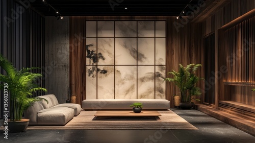 Modern living room with Asian-inspired design elements