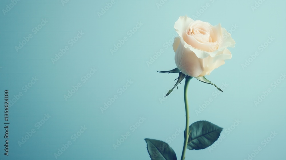 Fototapeta premium Elegant Pale Pink Rose with Soft Petals and Lush Green Leaves Against a Serene Blue Background, Capturing the Essence of Beauty and Serenity in Floral Photography