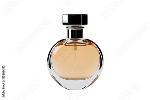 round perfume bottle, light beige perfume, white background, isolated, no background