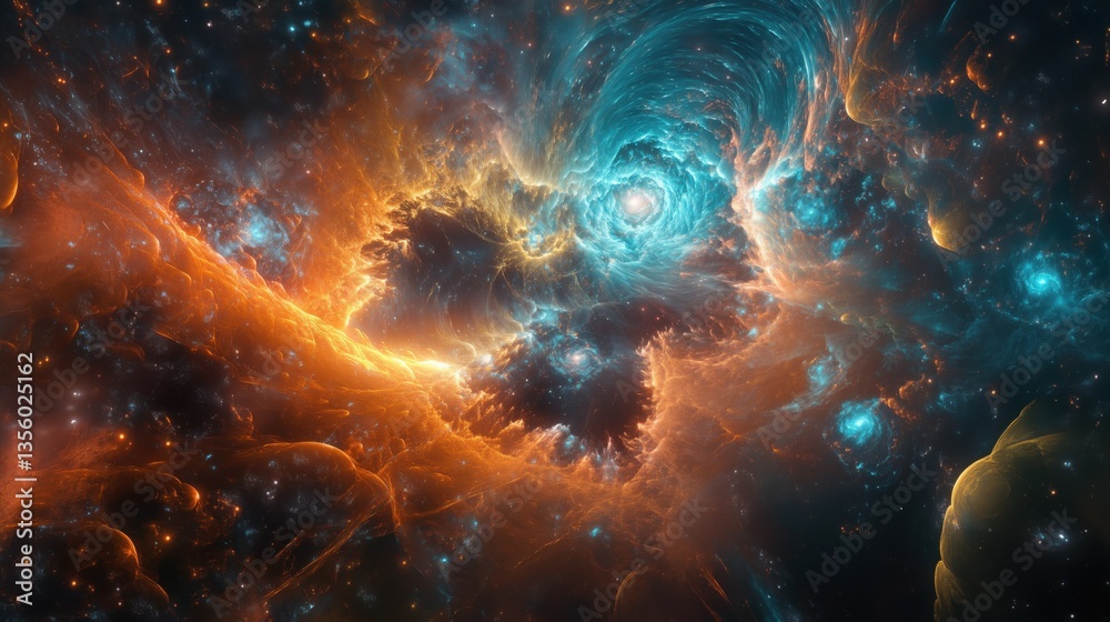 Stunning Cosmic Nebula with Fiery Orange and Tranquil Blue Swirls Captured in Deep Space: A Dazzling Display of Interstellar Gases and Celestial Phenomena Under Ethereal Lighting Stunning Cosmic Nebula with Fiery Orange and Tranquil Blue Swirls Captured in Deep Space: A Dazzling Display of Interstellar Gases and Celestial Phenomena Under Ethereal Lighting
