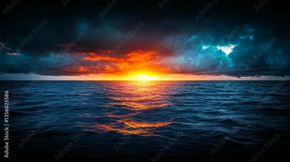 Dramatic ocean sunset with fiery orange and cool blue clouds reflecting on the water. Dramatic ocean sunset with fiery orange and cool blue clouds reflecting on the water.