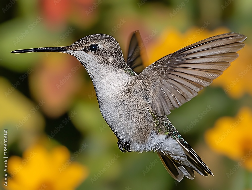 Fototapeta premium A small hummingbird is captured mid flight with extended wings