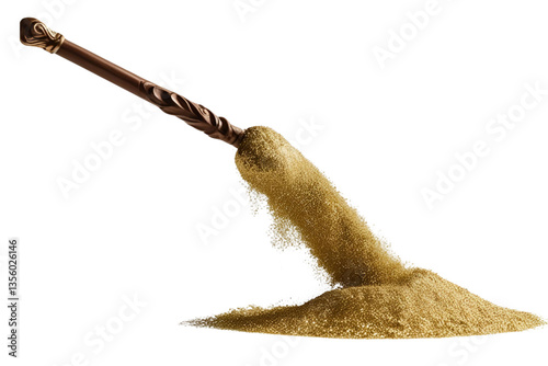 ornate gold staff, spilling sand, white background, isolated, no background