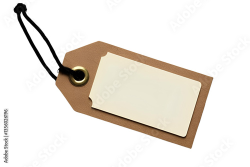 blank beige tag, string, white label, white background, isolated, no background