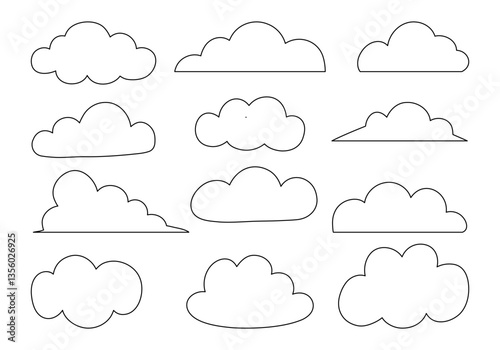 Whimsical Hand Drawn Cloud Outline. A collection of 12 unique hand drawn cloud outlines in simple line art style, perfect for weather scenes, children’s designs, or minimalist sky illustrations
