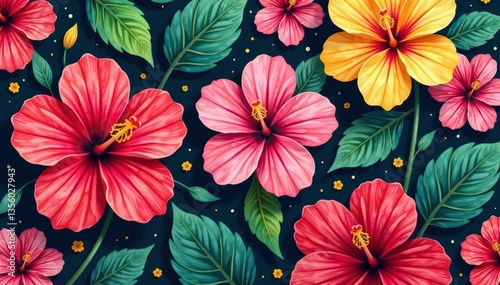 Wallpaper Mural Bold tropical hibiscus repeat, vibrant colors , flowers, leaves, illustration Torontodigital.ca
