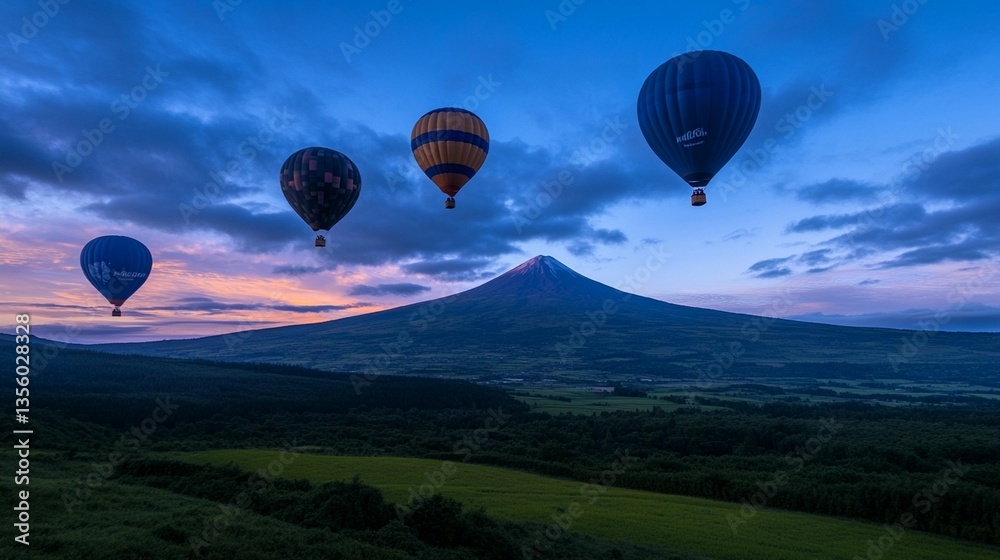 Fototapeta premium Four hot air balloons soar over a majestic mountain at sunrise.